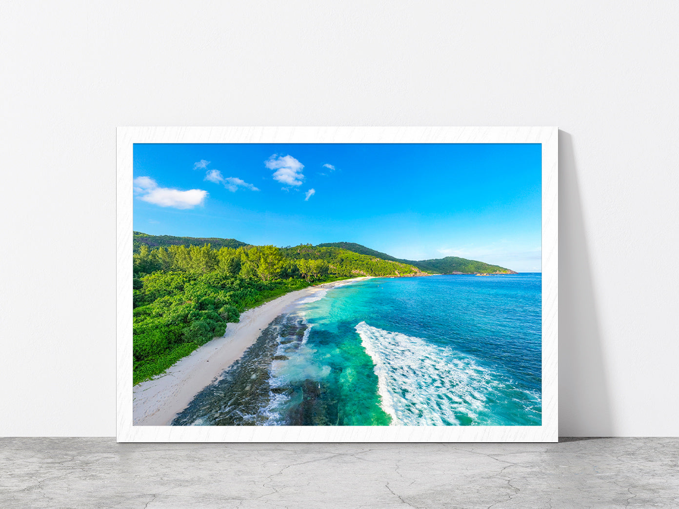 Seychelles With Jungle Beach Glass Framed Wall Art, Ready to Hang Quality Print Without White Border White