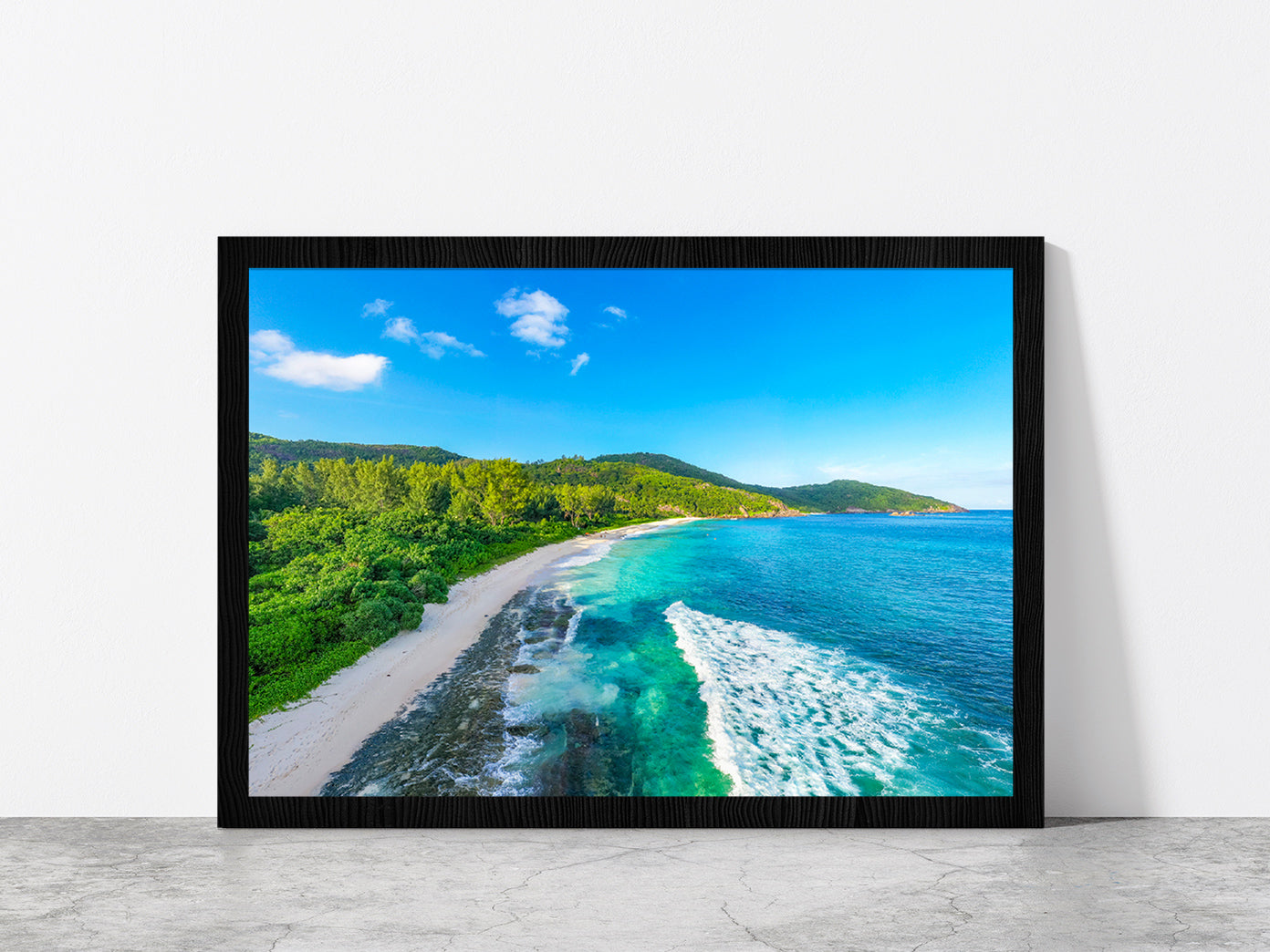 Seychelles With Jungle Beach Glass Framed Wall Art, Ready to Hang Quality Print Without White Border Black