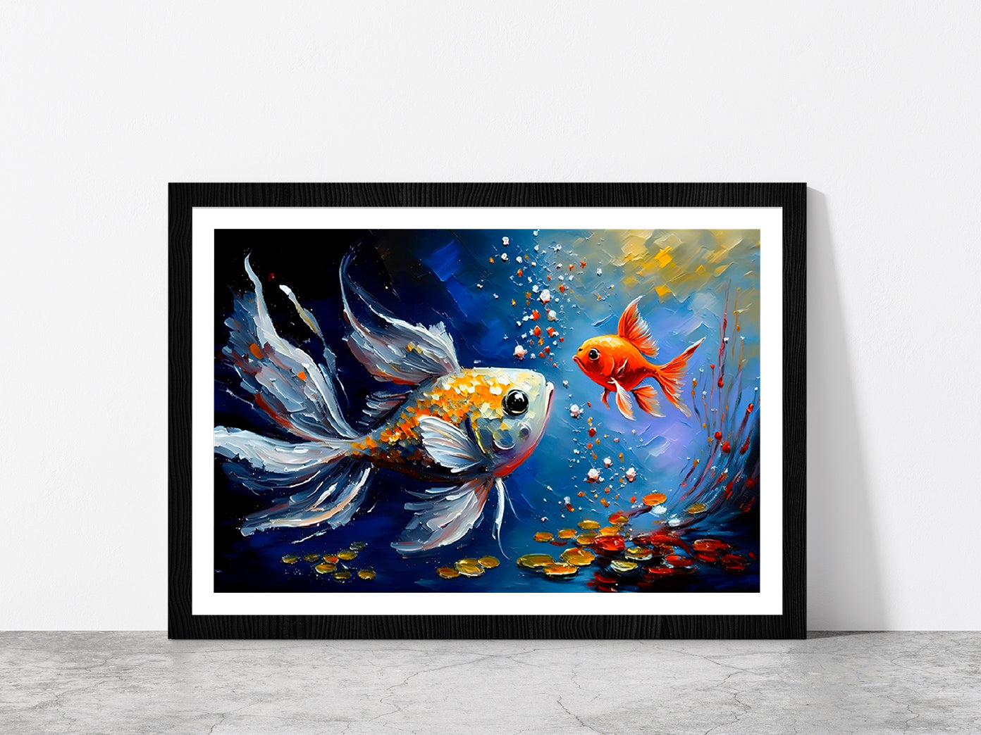 Gold Fish Colorful Oil Painting Glass Framed Wall Art, Ready to Hang Quality Print With White Border Black