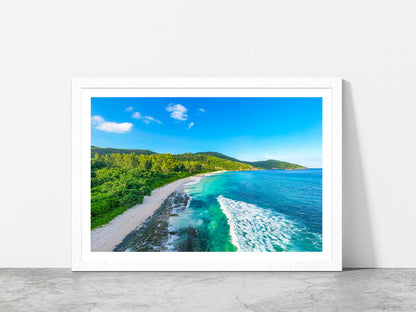 Seychelles With Jungle Beach Glass Framed Wall Art, Ready to Hang Quality Print With White Border White