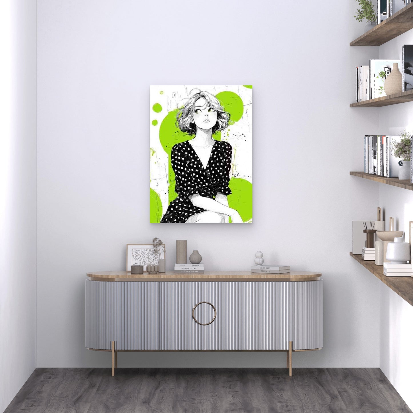 Woman in Black & White Polka Dot Dress Metal Print Ready to Hang