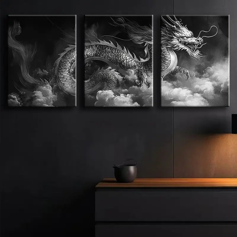 3pcs Elegant Black & White Dragon  Metal Print Ready to Hang Art