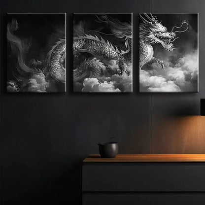 3pcs Elegant Black & White Dragon  Metal Print Ready to Hang Art
