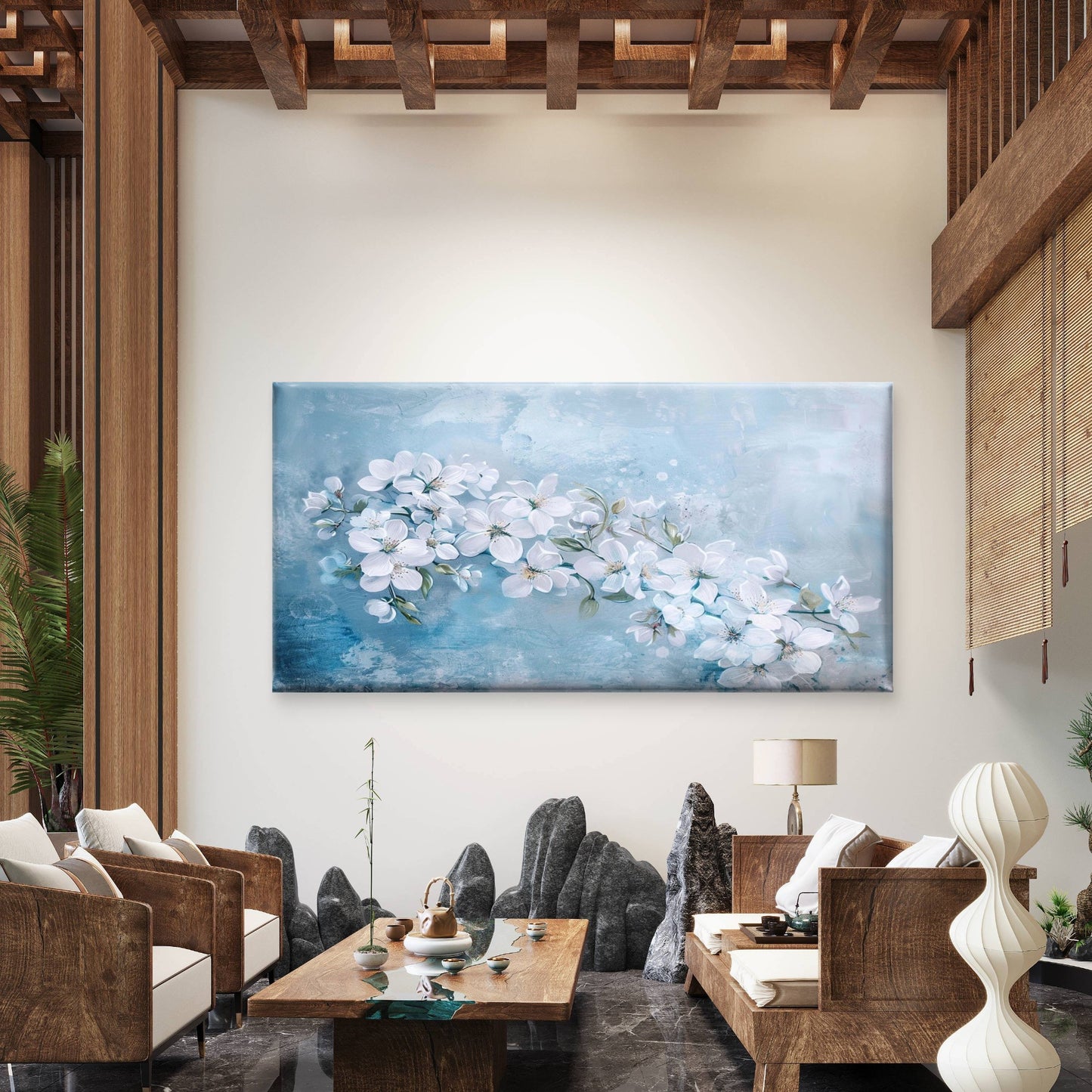 Frosted White Spring Blossoms Wall Art Canvas Office Home Room Framed 120x60cm - Bella Home Decor