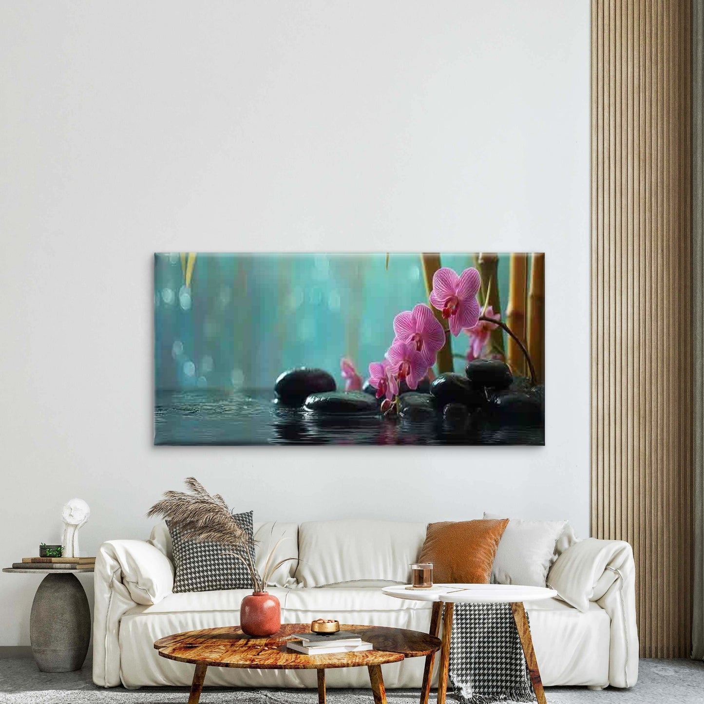 Pink Orchid & Black Stones Wall Art Canvas Office Home Room Framed 120x60cm - Bella Home Decor