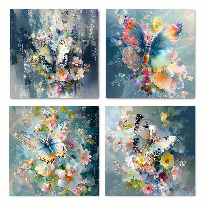 4pcs Vibrant Butterfly & Flower Canvas Art Prints Wall Art Canvas Framed