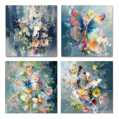 4pcs Vibrant Butterfly & Flower Canvas Art Prints Wall Art Canvas Framed