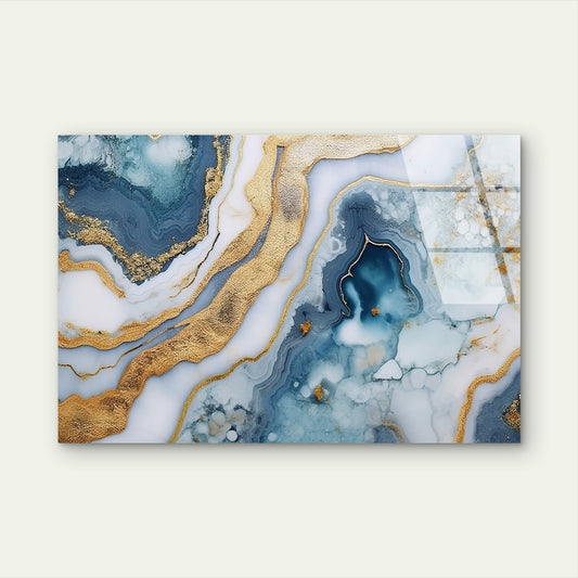 Blue Teal Gold Agate Marble Acrylic Glass Printing Wall Art Australian Made Quality