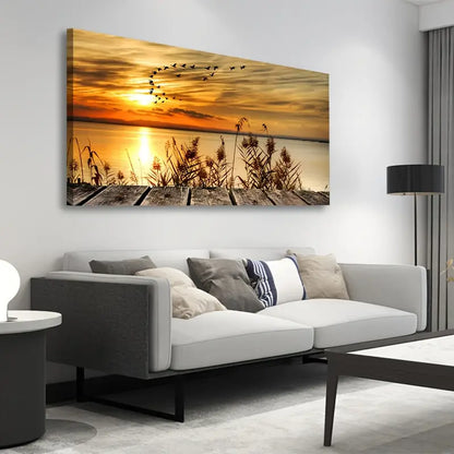 Sunset Lake Vibrant Nature Scene Wall Art canvas office home room framed 120x60cm - Bella Home Decor