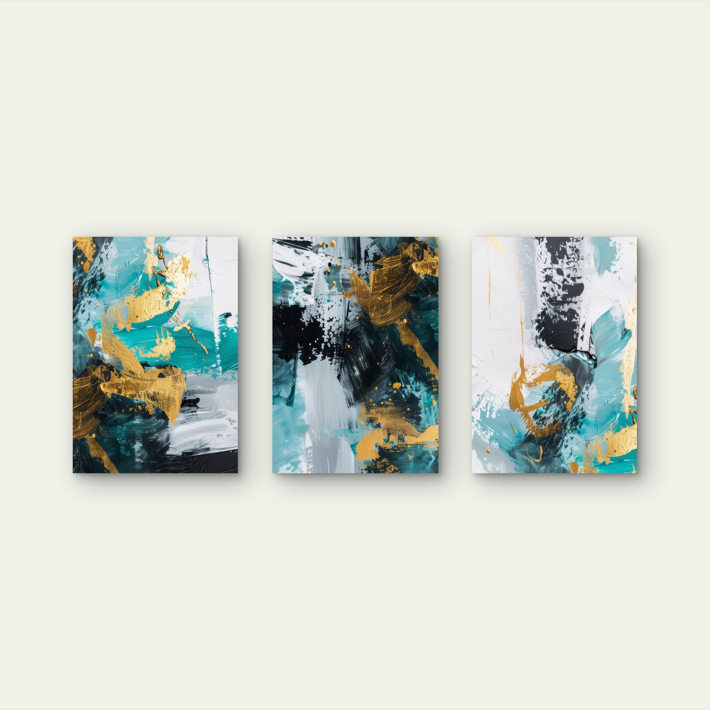 3pcs Abstract Teal Gold Foil Oil Paint Brush  Wall Art Set Canvas Framed 50x70cm - High Quality Print 100% Australian Made Wall Canvas Ready to Hang