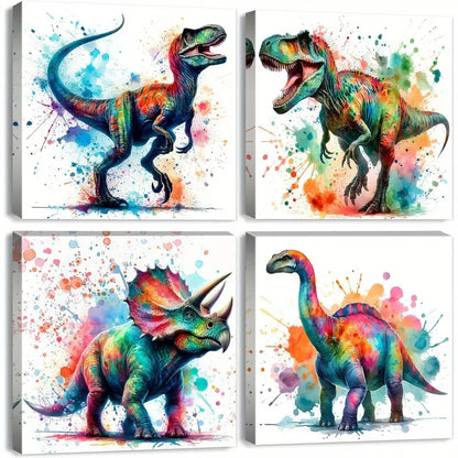 4pcs Watercolor Dinosaur Wall Art Canvas Framed
