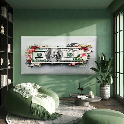 Floral One Hundred Dollar Bill Wall Art Canvas Office Home Room Framed 120x60cm