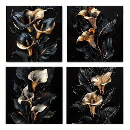 4pcs Black Golden Flora Elegant Modern   Wall Art Canvas Framed
