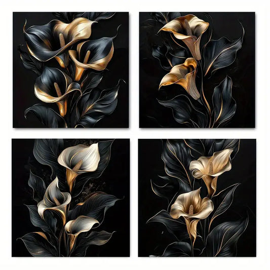 4pcs Black Golden Flora Elegant Modern   Wall Art Canvas Framed