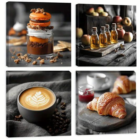 4pcs Floral Pastry & Beverage Prints  Wall Art Canvas Framed