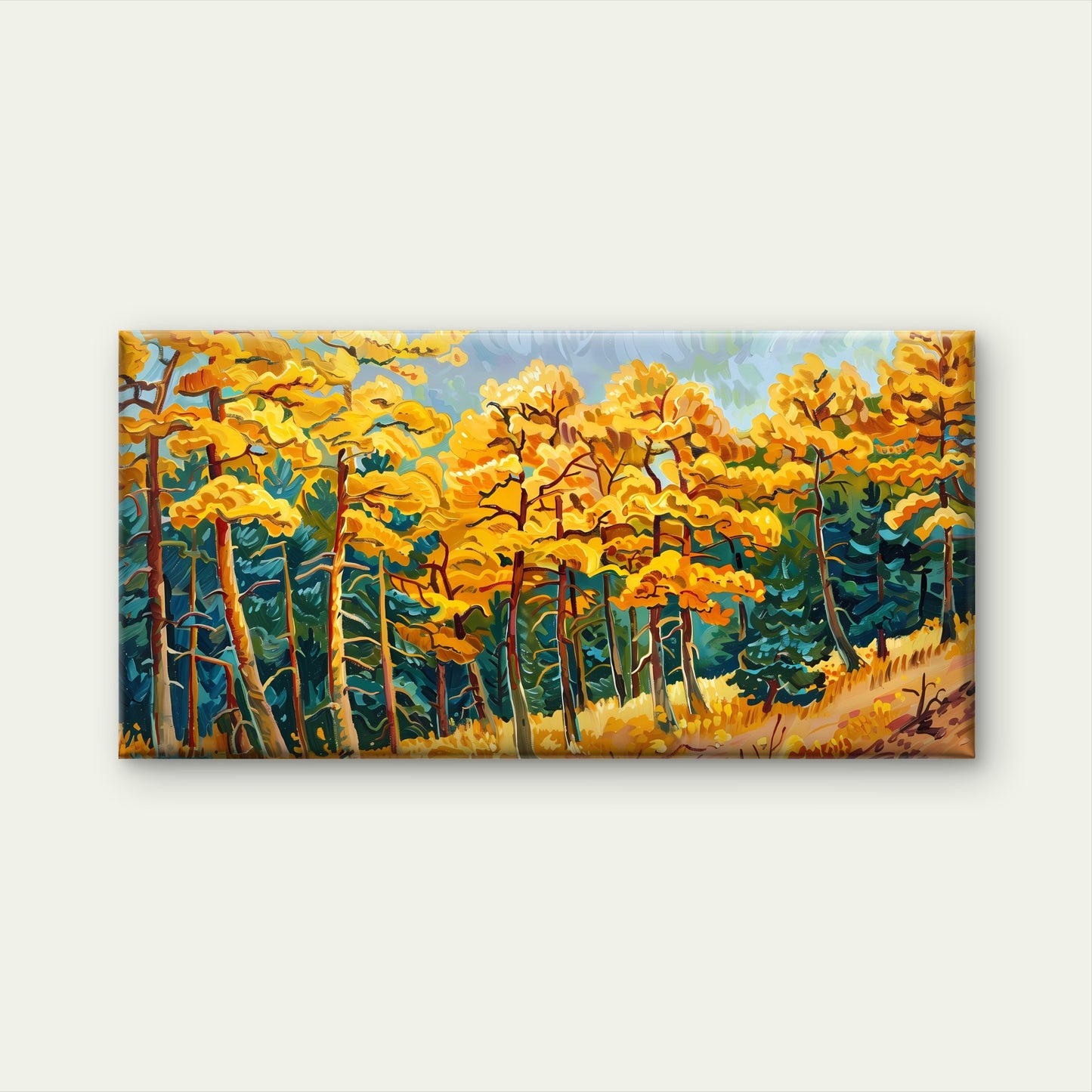 Golden Autumn Forest Scene Wall Art Canvas Office Home Room Framed 120x60cm