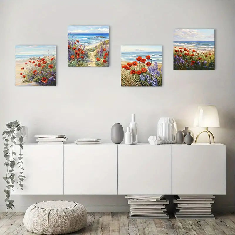 4pcs Red Flower Beautiful Sunrise SceneWall Art Canvas Framed
