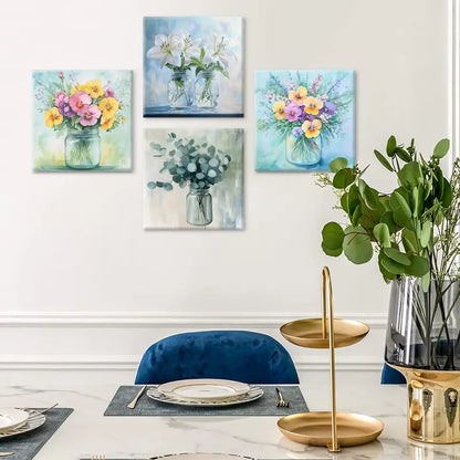 4pcs Bouquet Design  Floral Illustration  Wall Art Canvas Framed