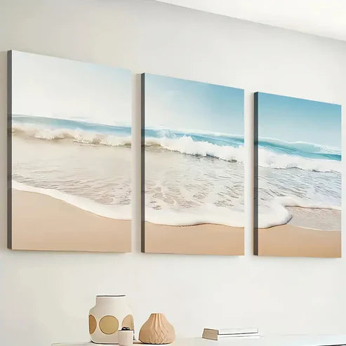 3pcs Modern Wind Beach Ocean Wave Wind Art Wall Art Set Canvas Framed 60x90cm - High Quality Print 100% Australian Made Wall Canvas Ready to Hang