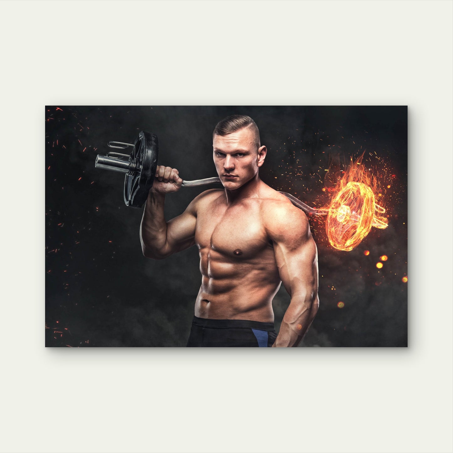 Muscular Bodybuilder Holding Flaming Barbell Gym Fitness 5mm thick Plastic Poster Ready to Hang 90x60cm