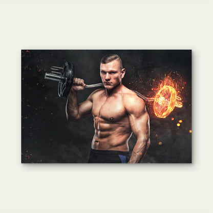 Muscular Bodybuilder Holding Flaming Barbell Gym Fitness 5mm thick Plastic Poster Ready to Hang 90x60cm