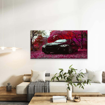 Black BMW Sedan Car Red Forest Wall Art Canvas Office Home Room Framed 120x60cm