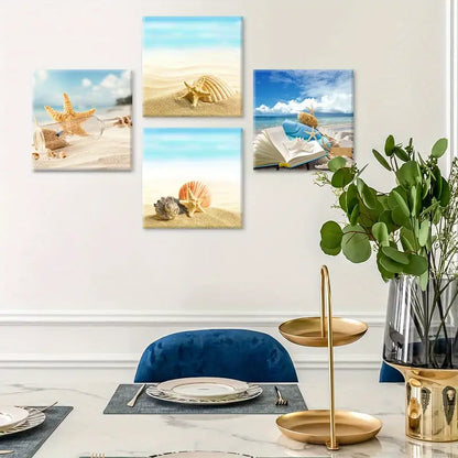 4pcs Beach Themed  Starfish & Seashell  Wall Art Canvas Framed