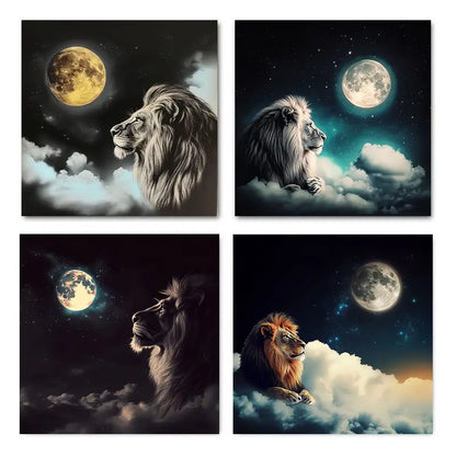 4pcs Lion Moon Art Prints, Black And White Lion Wall Art Canvas Framed
