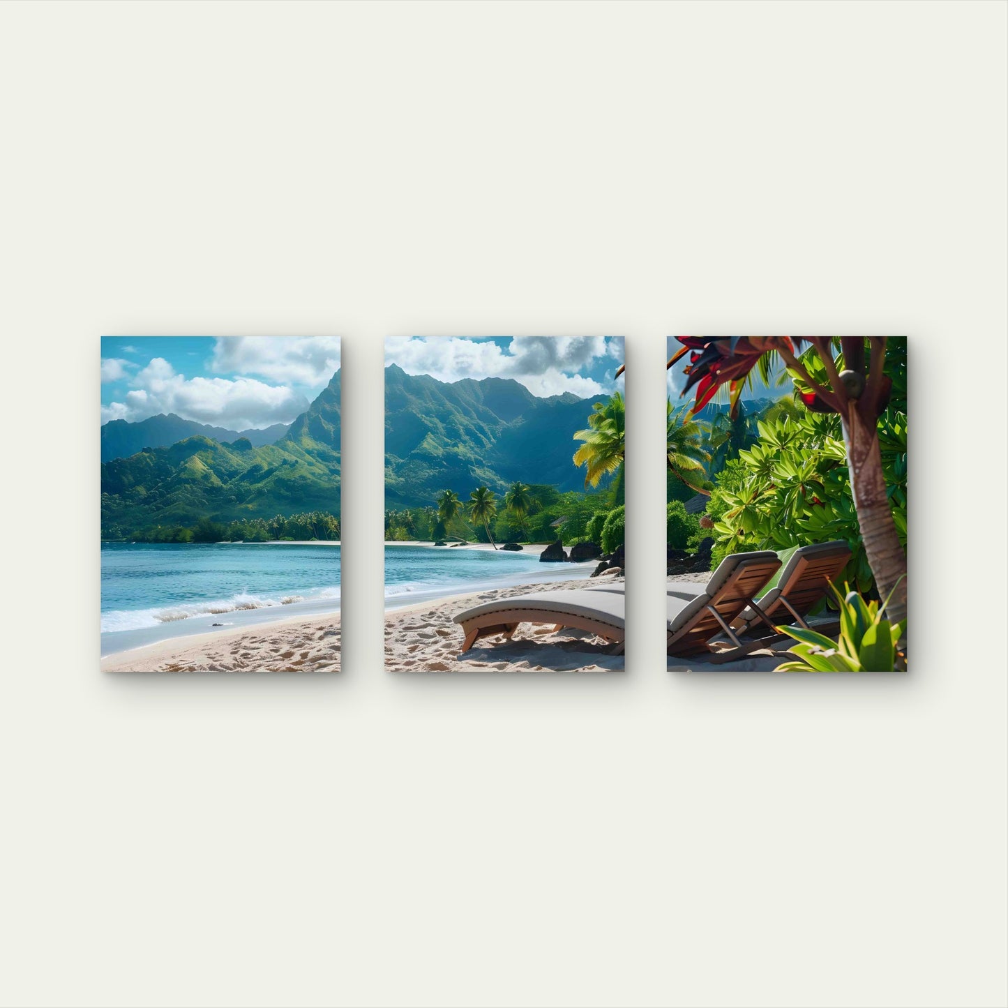 3pcs Tropical Paradise With Lush Mountains Metal Print Ready to Hang Art