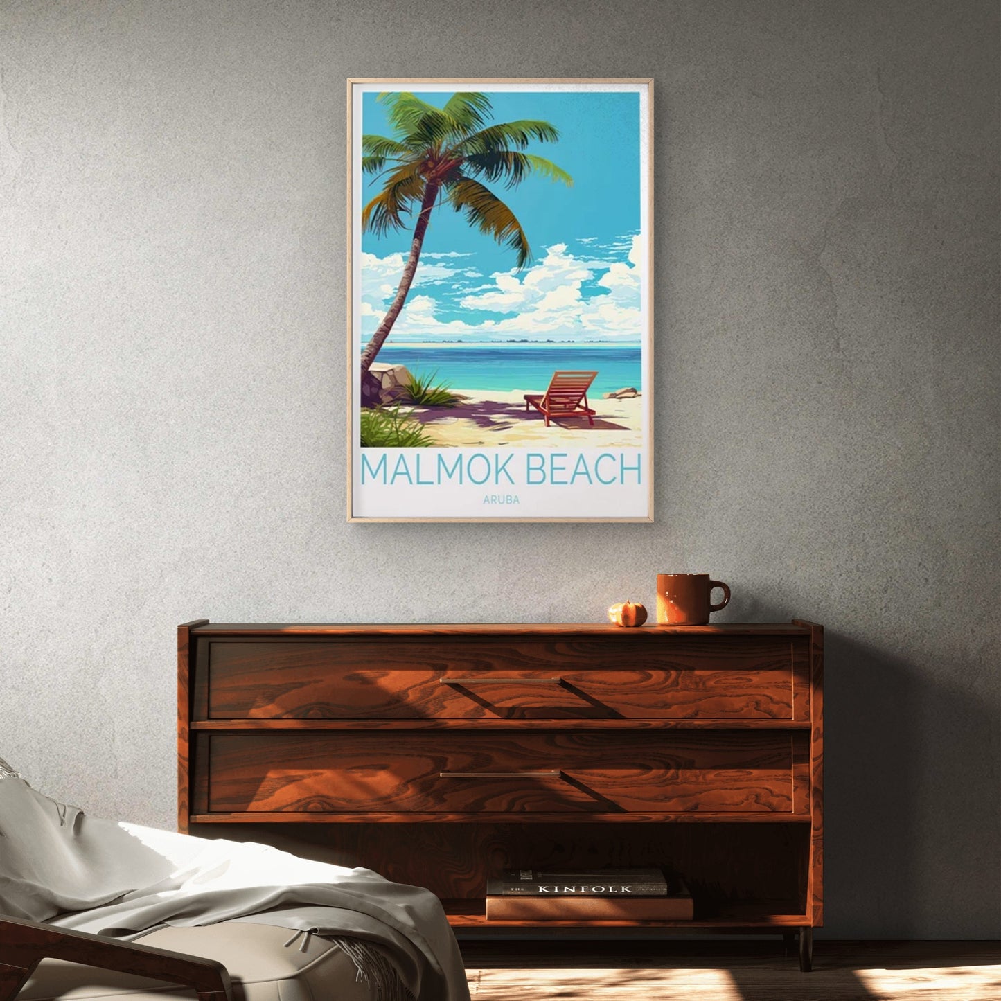 Malmok Beach Aruba, Palms & Blue Sky Art Travel Poster Print Wall Art - Bella Home Decor