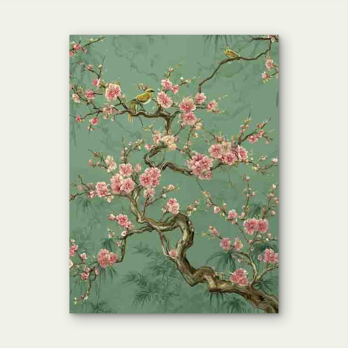 Sage Green Chinoiserie Art Sakura Floral Chinese 60x90cm Metal Print Ready to Hang - Bella Home Decor