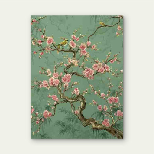 Sage Green Chinoiserie Art Sakura Floral Chinese 60x90cm Metal Print Ready to Hang