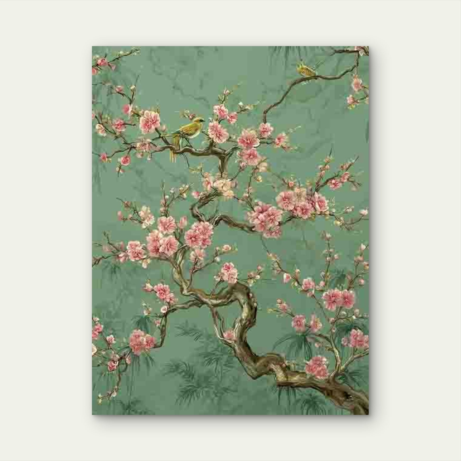 Sage Green Chinoiserie Sakura Floral Chinese 40x60cm Metal Print Ready to Hang - Bella Home Decor