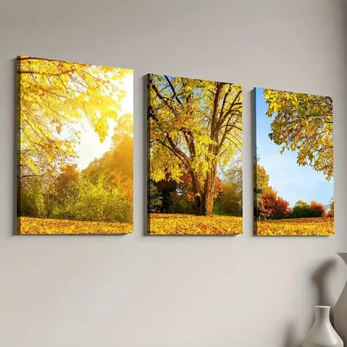 3pcs Modern Late Autumn Landscape Forest Leaves Wall Art Canvas Unframed - High Quality Print 100% Australian Made Wall Canvas