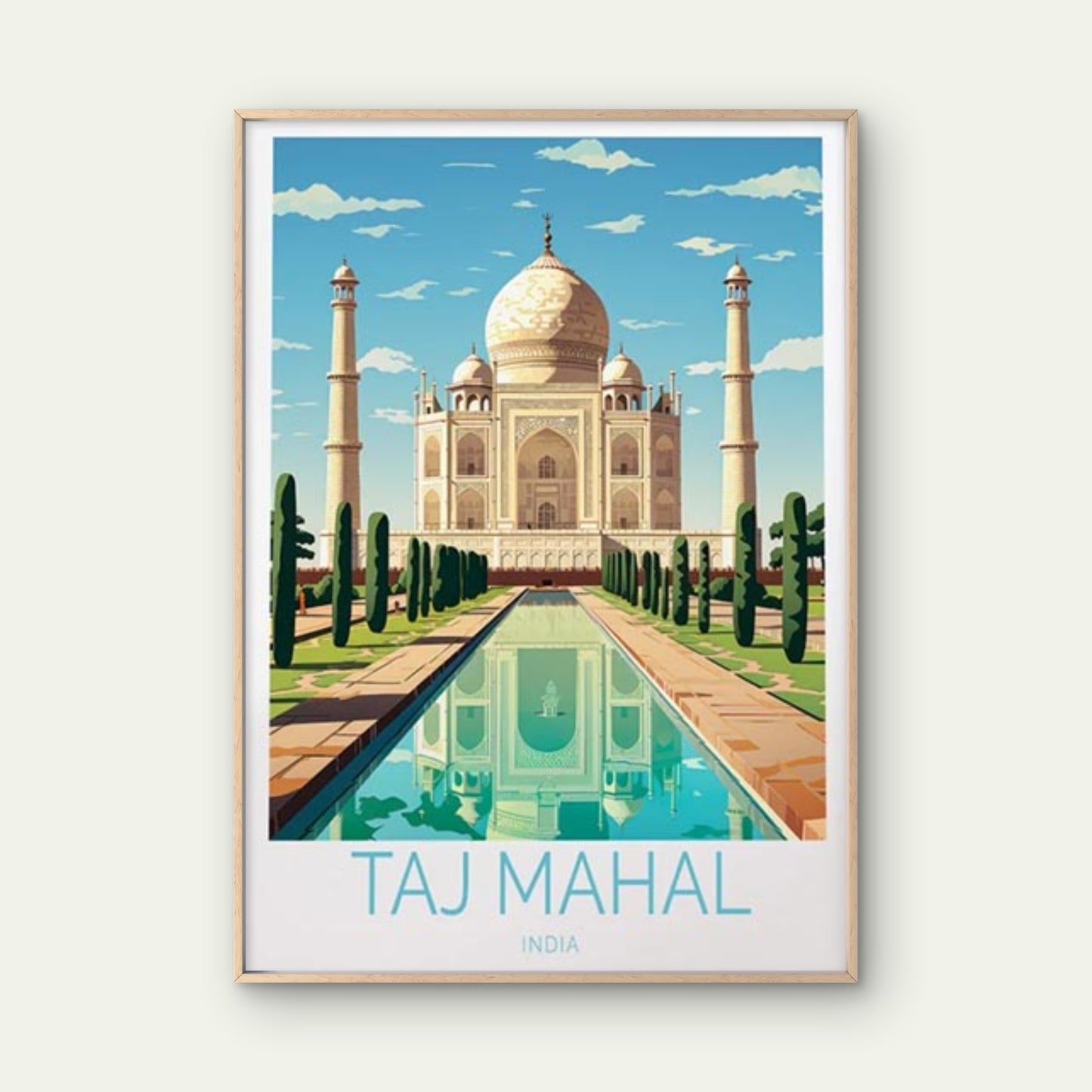 Taj Mahal India, Blue Sky & Trees Paint Travel Poster Print Wall Art