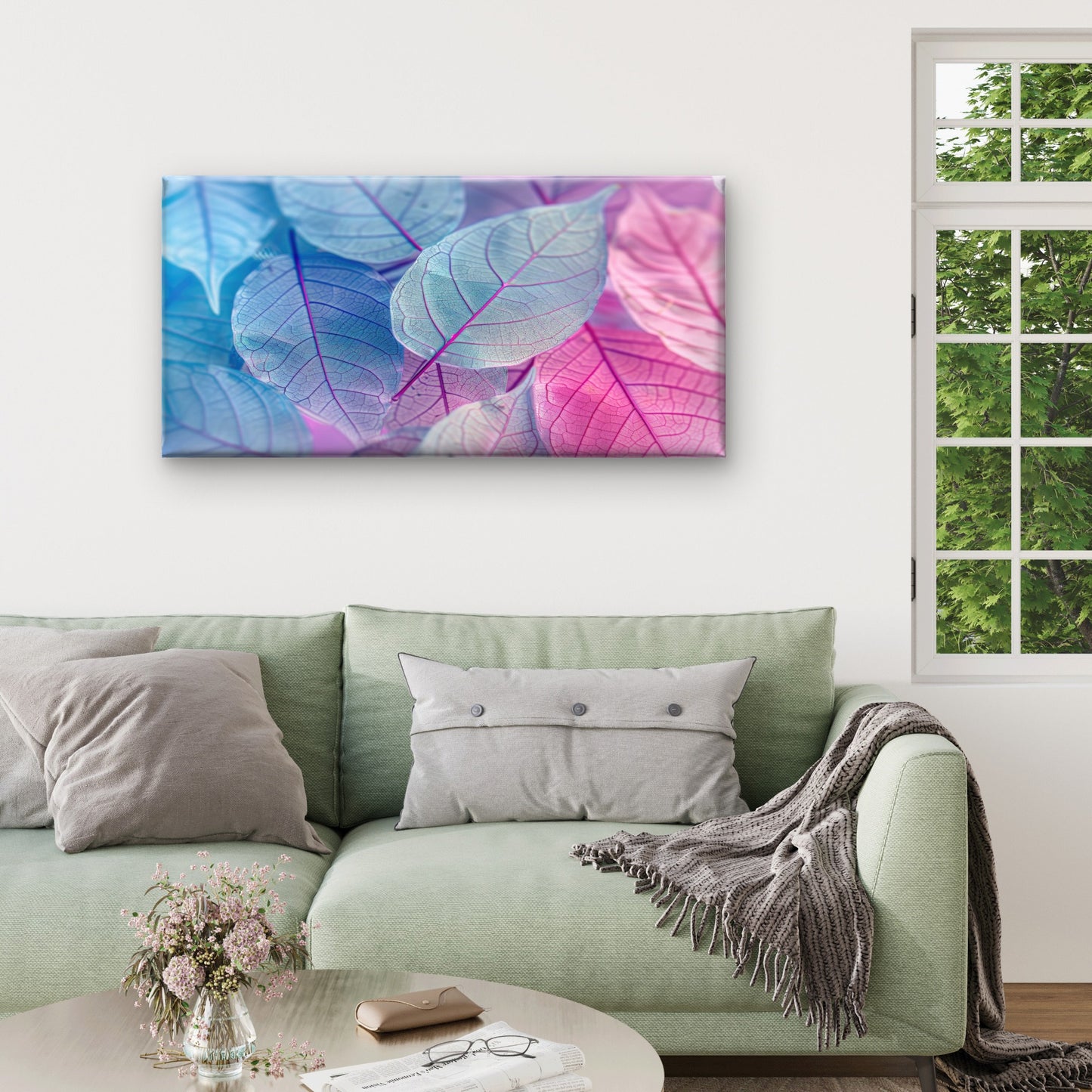 Colorful Background Leaves With Different Colors Purple Blue Pink Wall Art Canvas Office Home Room Framed 120x60cm