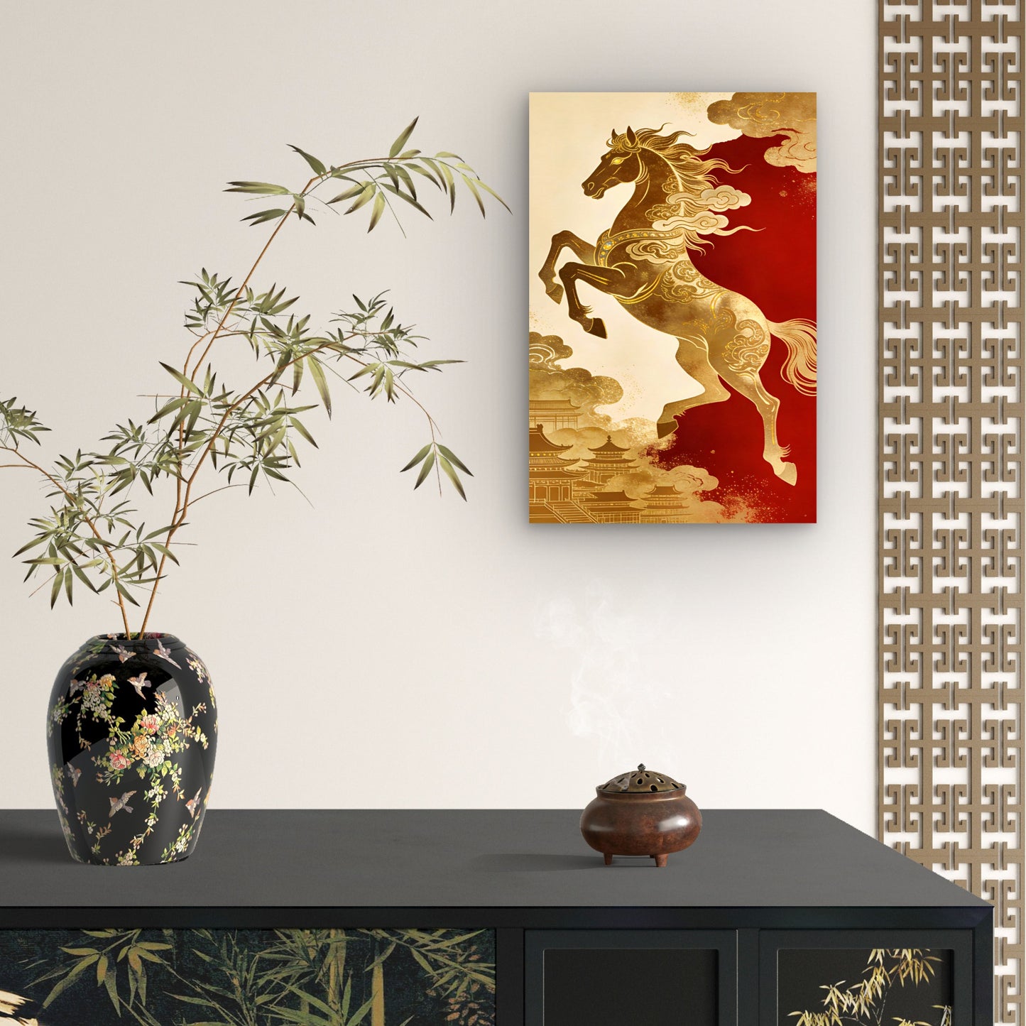 Chinese Pagoda Red Gold Horse Oriental Art 40x60cm Metal Print Ready to Hang