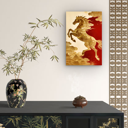 Chinese Pagoda Red Gold Horse Oriental Art 40x60cm Metal Print Ready to Hang