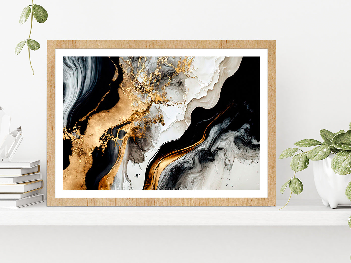 Black White & Gold Abstract Painting Glass Framed Wall Art, Ready to Hang Quality Print With White Border Oak