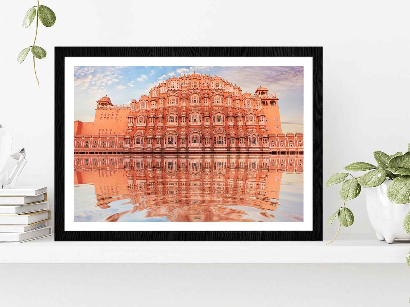 Hawa Mahal & Its Reflection Water Glass Framed Wall Art, Ready to Hang Quality Print With White Border Black