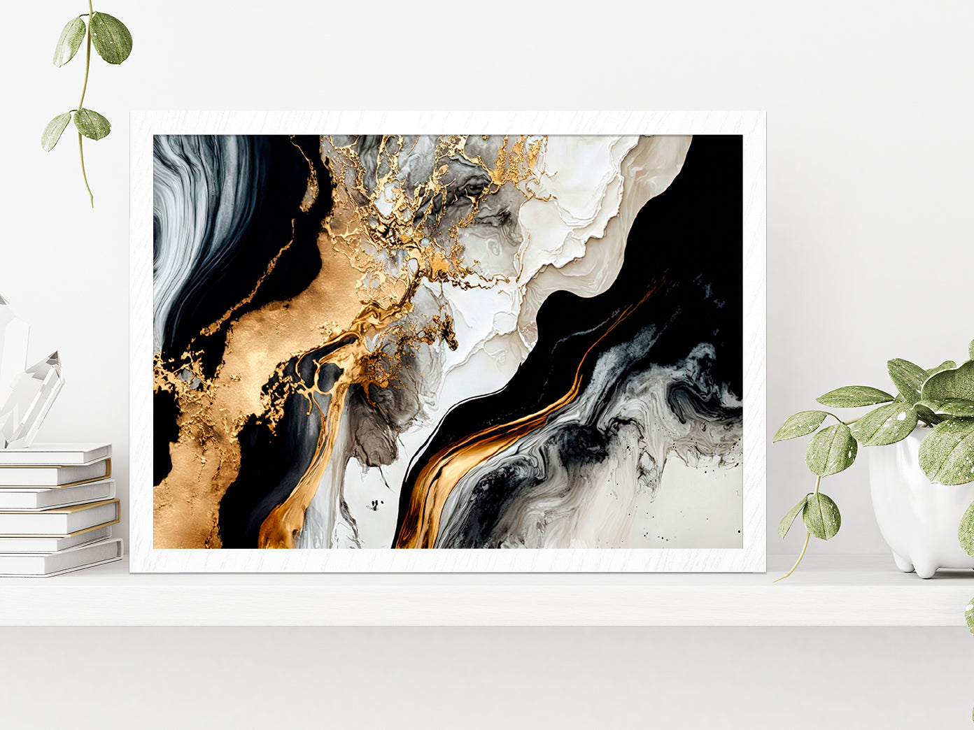 Black White & Gold Abstract Painting Glass Framed Wall Art, Ready to Hang Quality Print Without White Border White