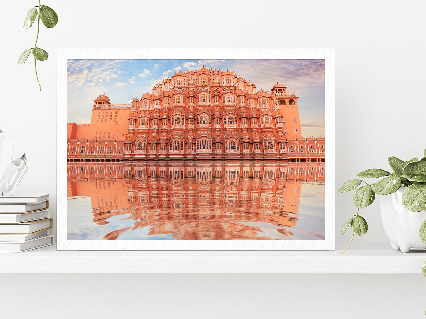 Hawa Mahal & Its Reflection Water Glass Framed Wall Art, Ready to Hang Quality Print Without White Border White
