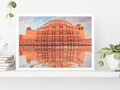 Hawa Mahal & Its Reflection Water Glass Framed Wall Art, Ready to Hang Quality Print Without White Border White
