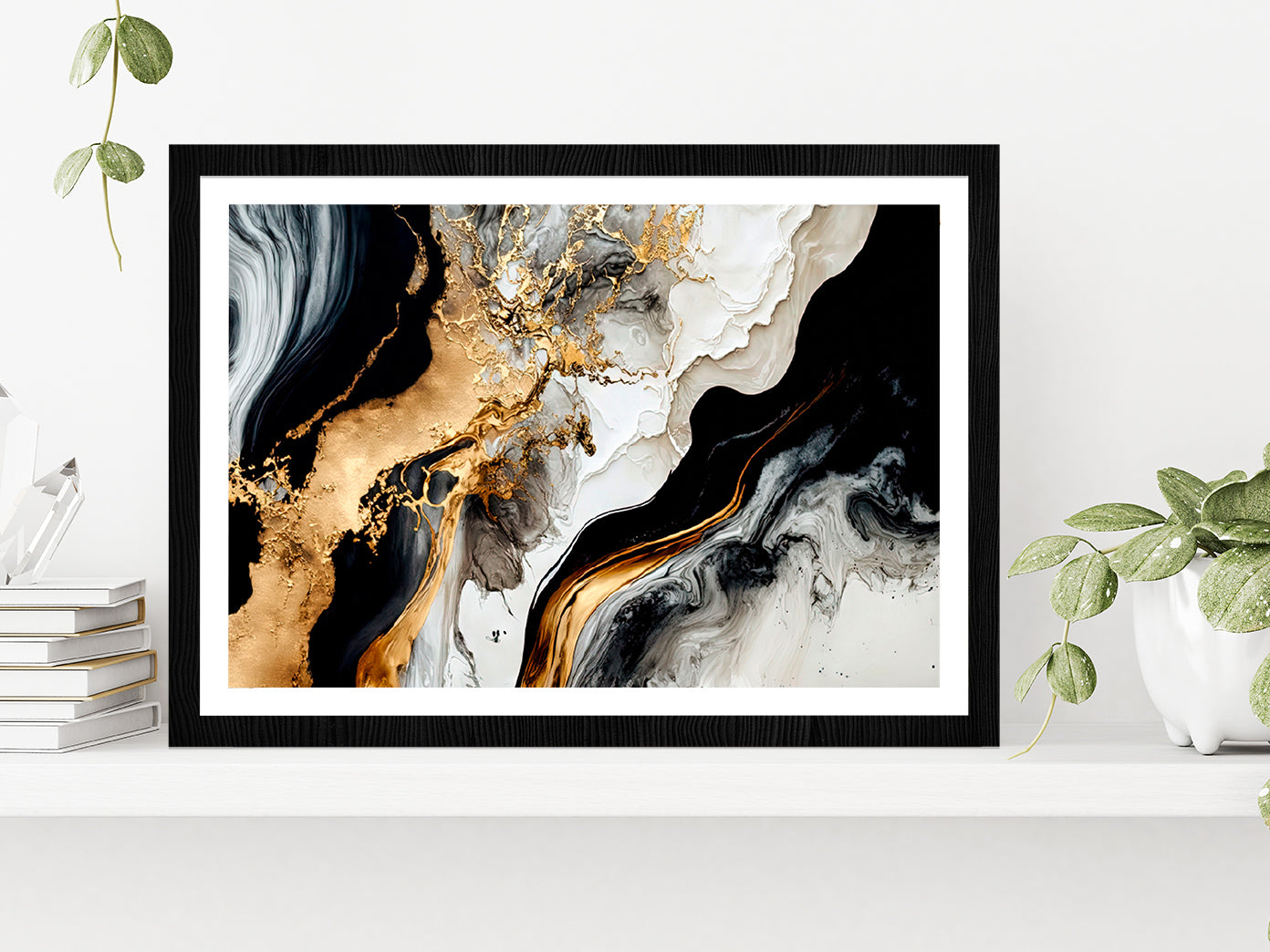 Black White & Gold Abstract Painting Glass Framed Wall Art, Ready to Hang Quality Print With White Border Black