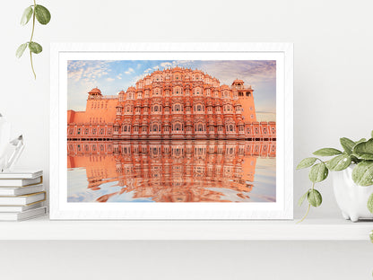 Hawa Mahal & Its Reflection Water Glass Framed Wall Art, Ready to Hang Quality Print With White Border White