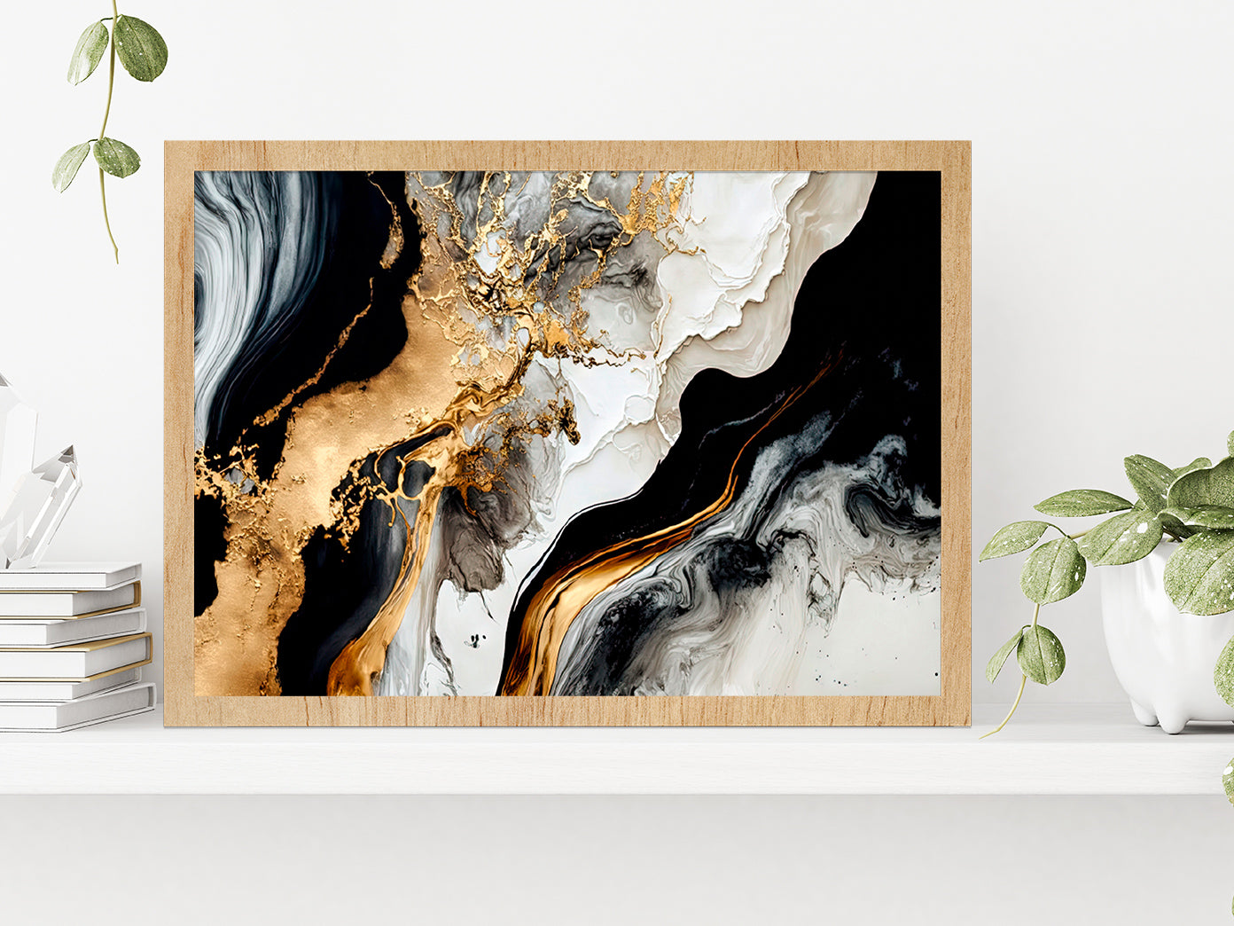 Black White & Gold Abstract Painting Glass Framed Wall Art, Ready to Hang Quality Print Without White Border Oak