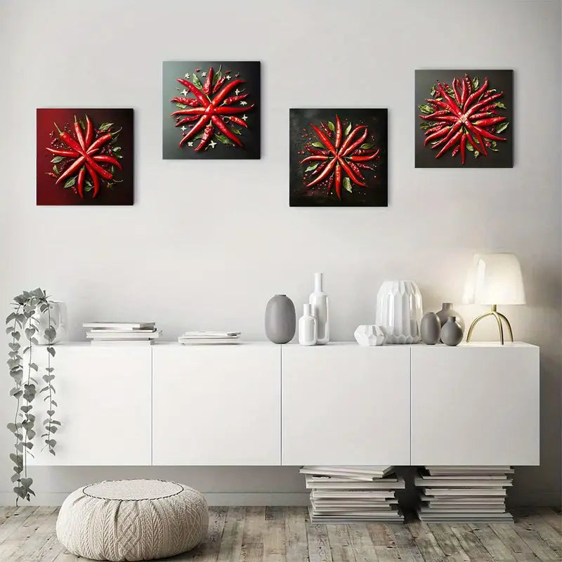 4pcs Painting Spicy Chili Peppe Wall Art Canvas Framed