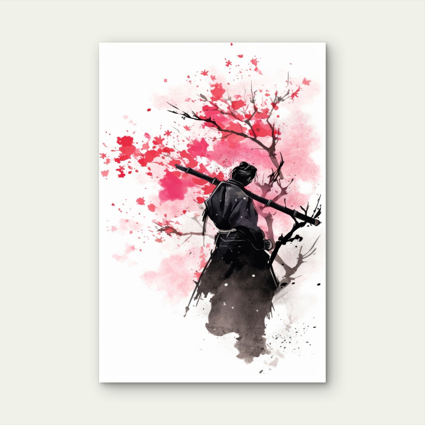 Silhouette Samurai Sakura Branches 60x90cm Metal Print Ready to Hang