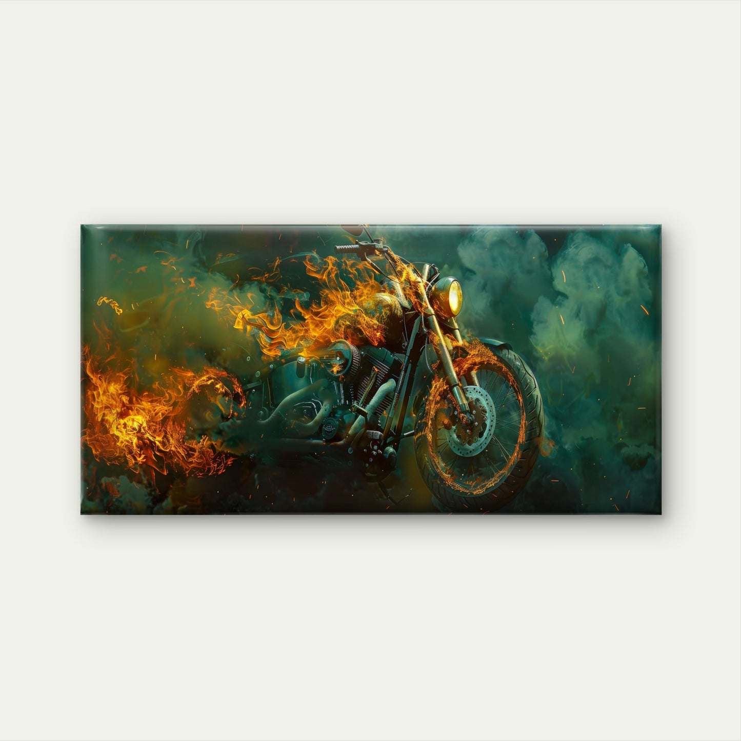 Motorcycle In Flames Wall Art Canvas Office Home Room Framed 120x60cm