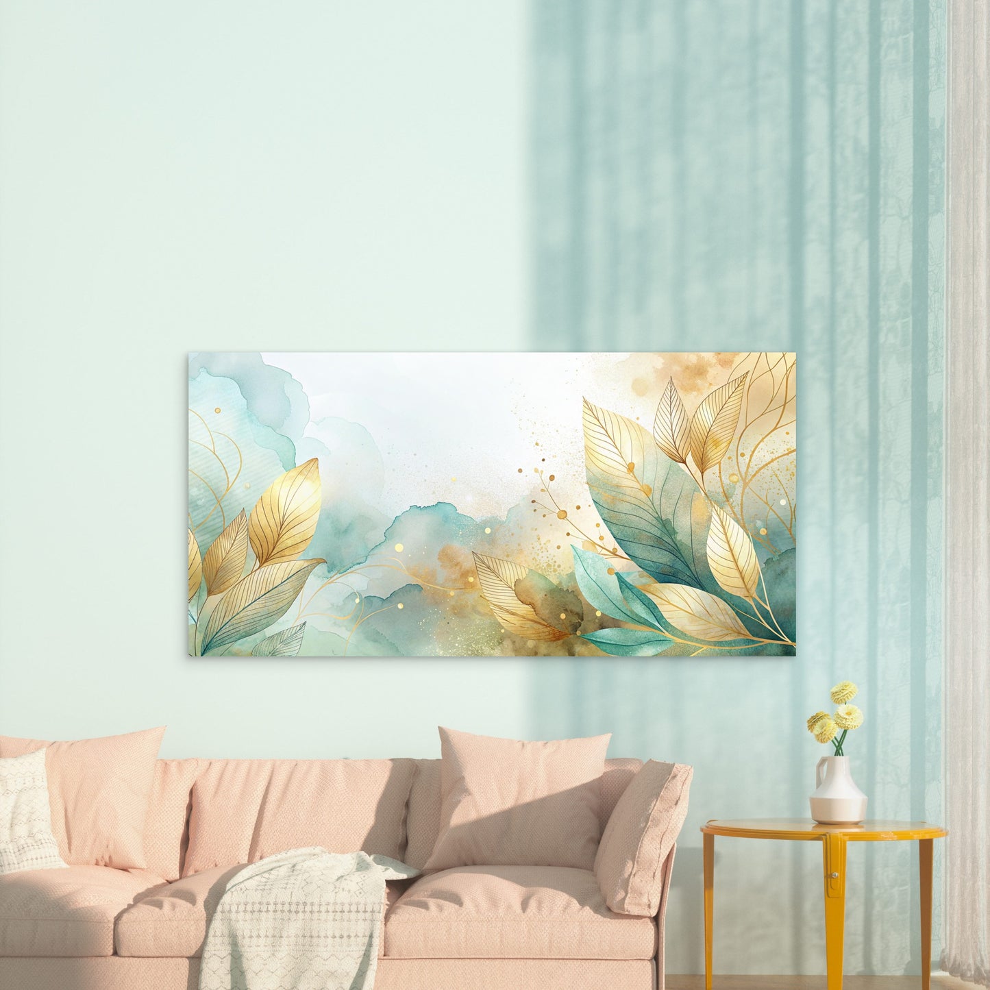 Sage Currents Golden Leaves Wall Art Canvas Office Home Room Framed 120x60cm - Bella Home Decor